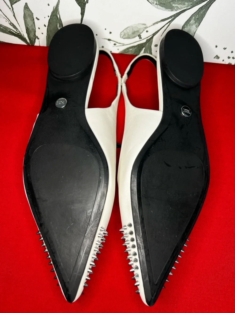 ZARA Women's Pointed Toe Studded Leather Slingback White Flats Sz 37 NWT